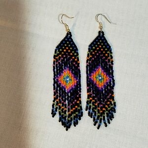 Handmade beaded boho neon earrings with fringe